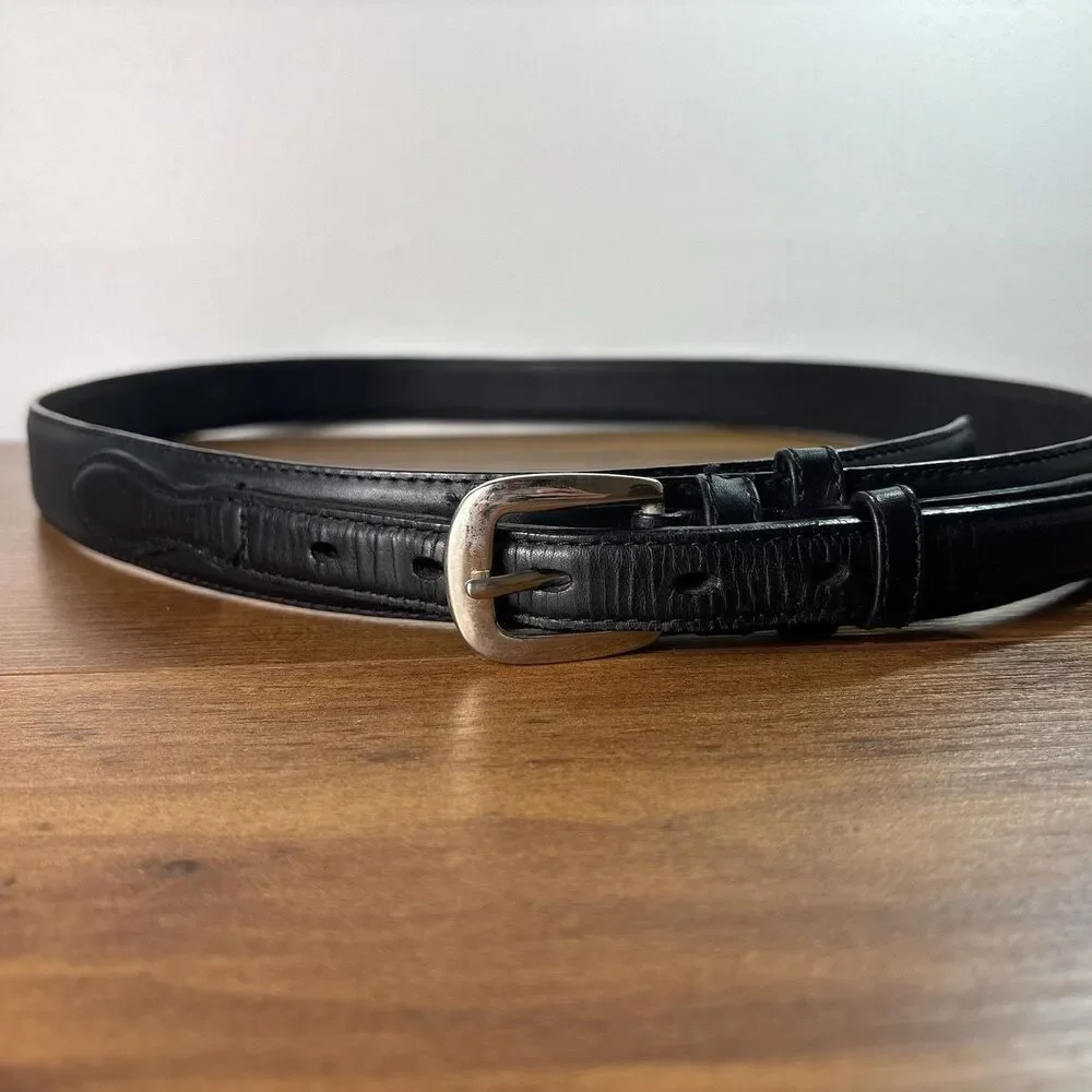 VTG CABELA'S Leather Ranger Belt Sz 42 Leather Smooth Black Brass Buckle Flaw